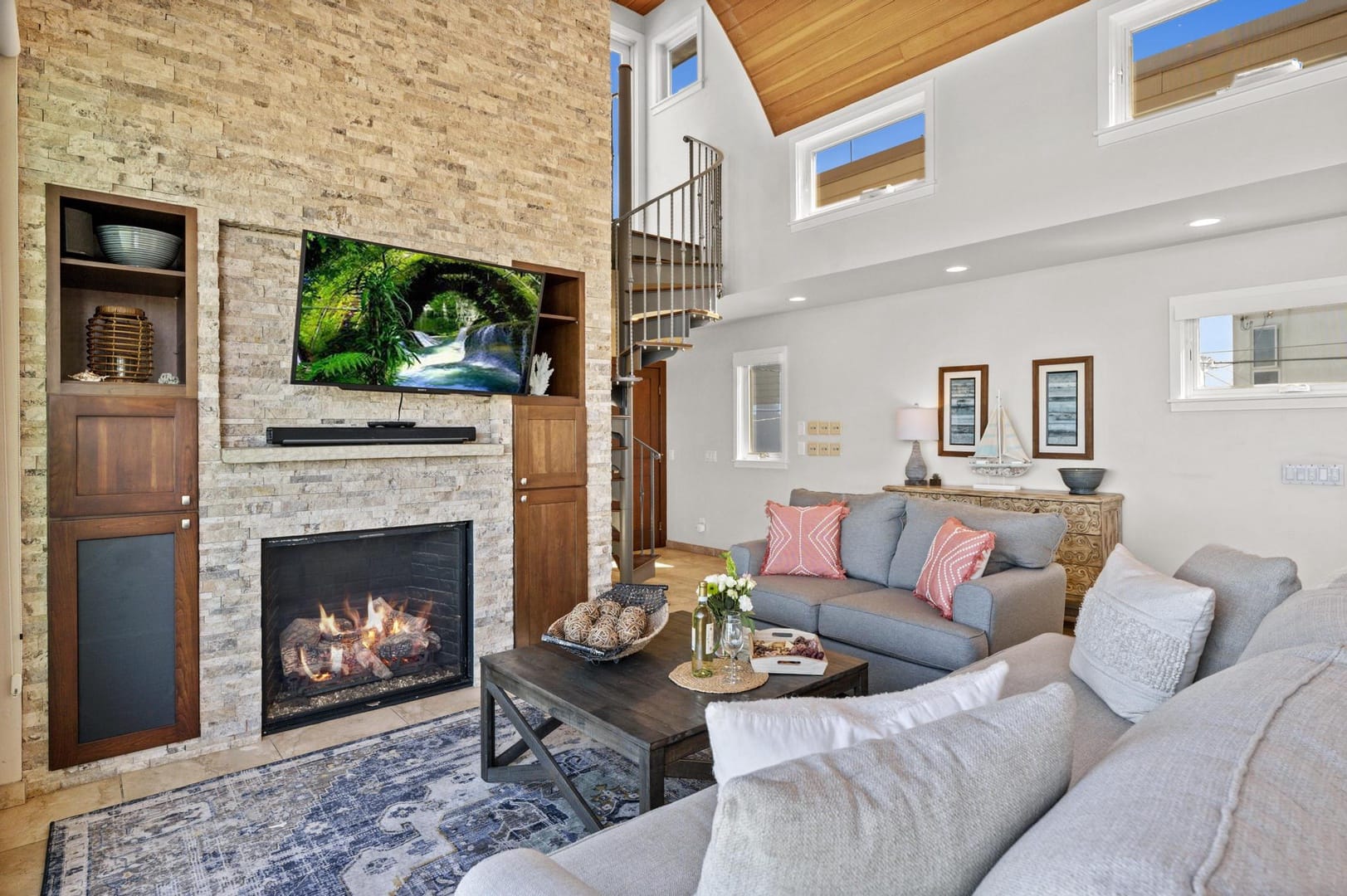 Modern living room with fireplace.