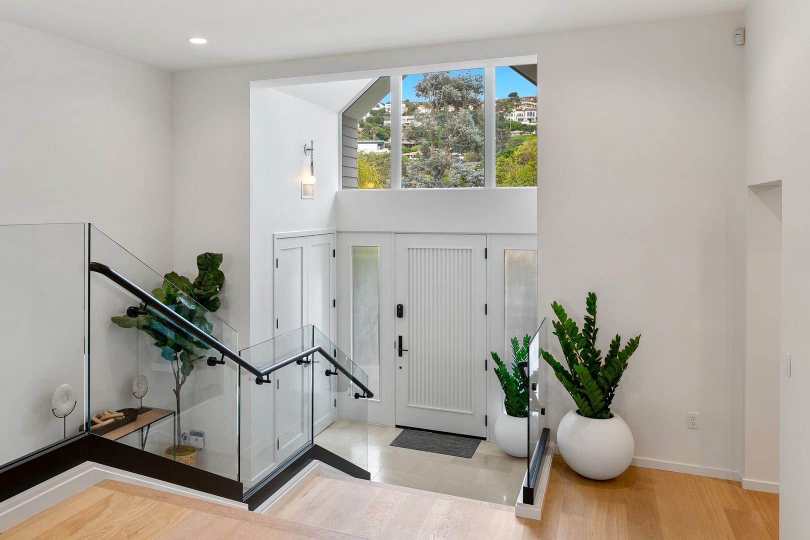 Modern entryway with plants and stairs.