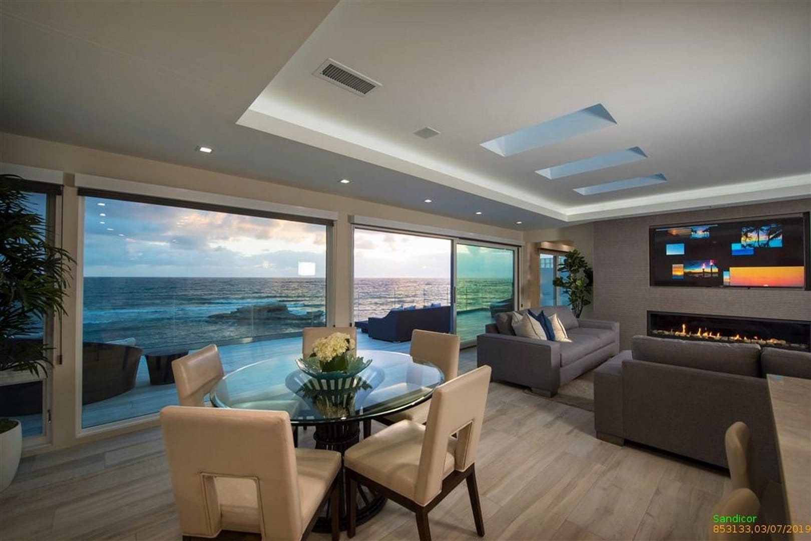 Modern living room with ocean view.