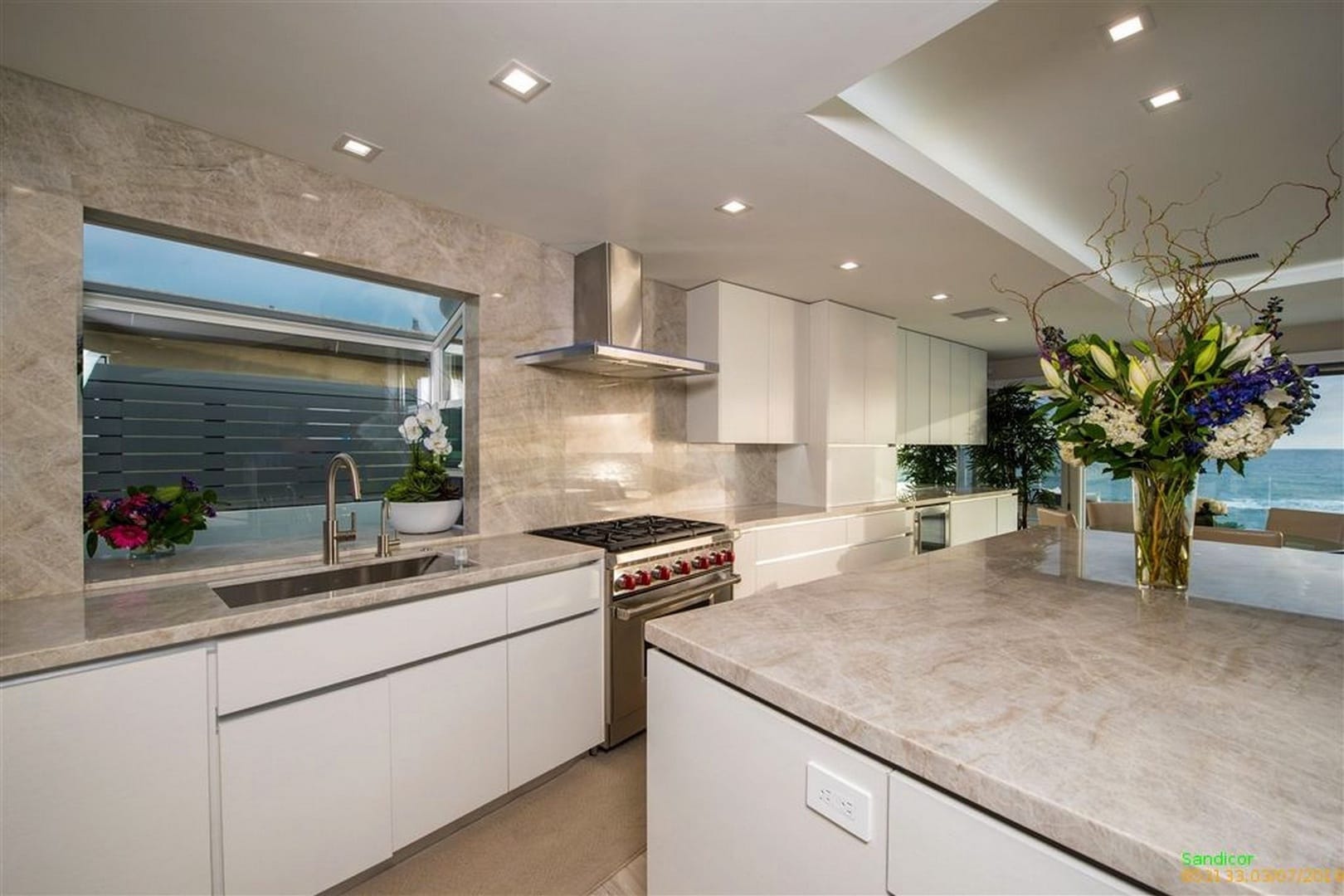 Modern kitchen with ocean view.