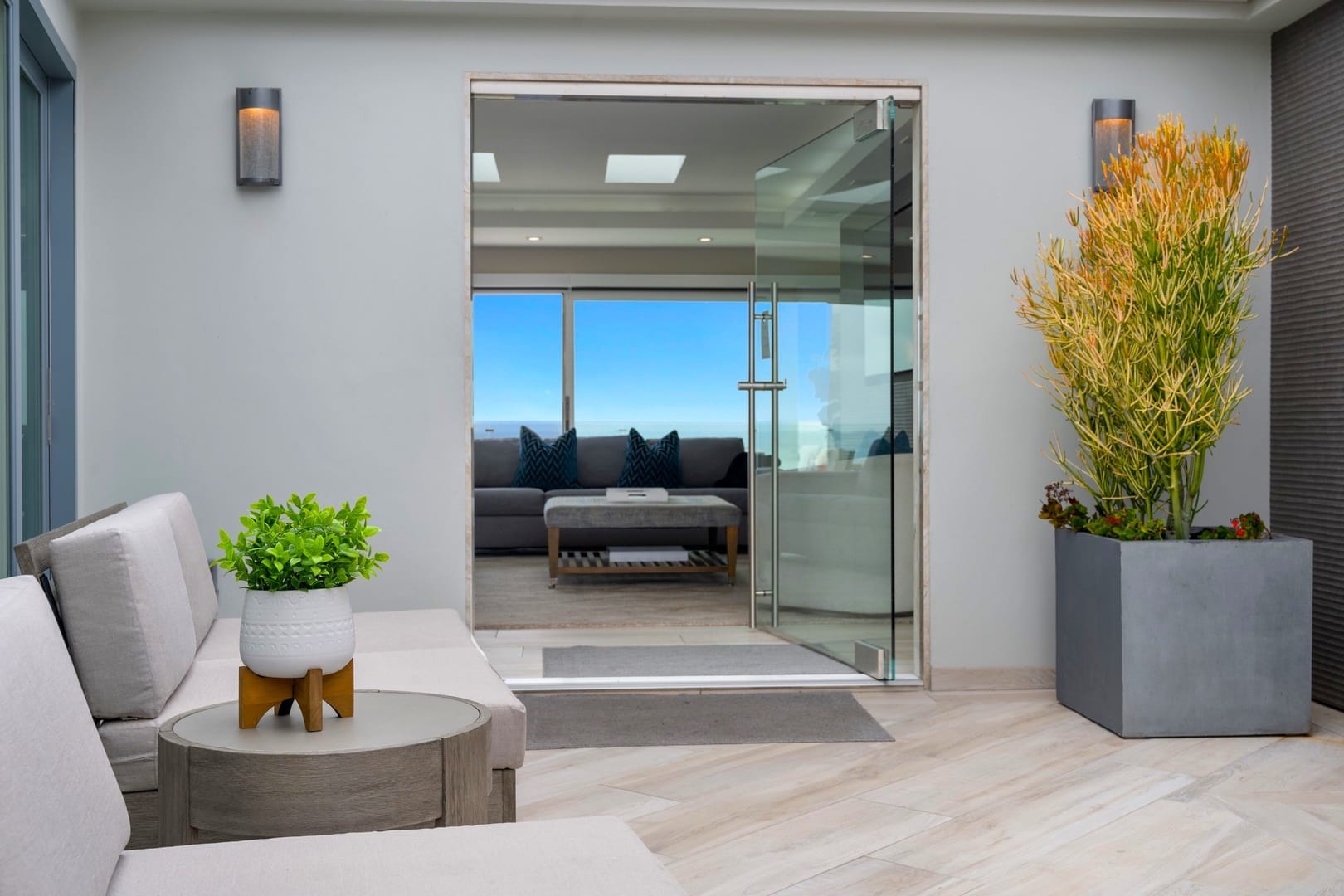 Modern patio leading to living room.