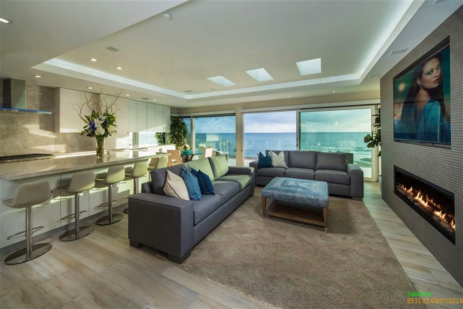 Modern living room with ocean view.