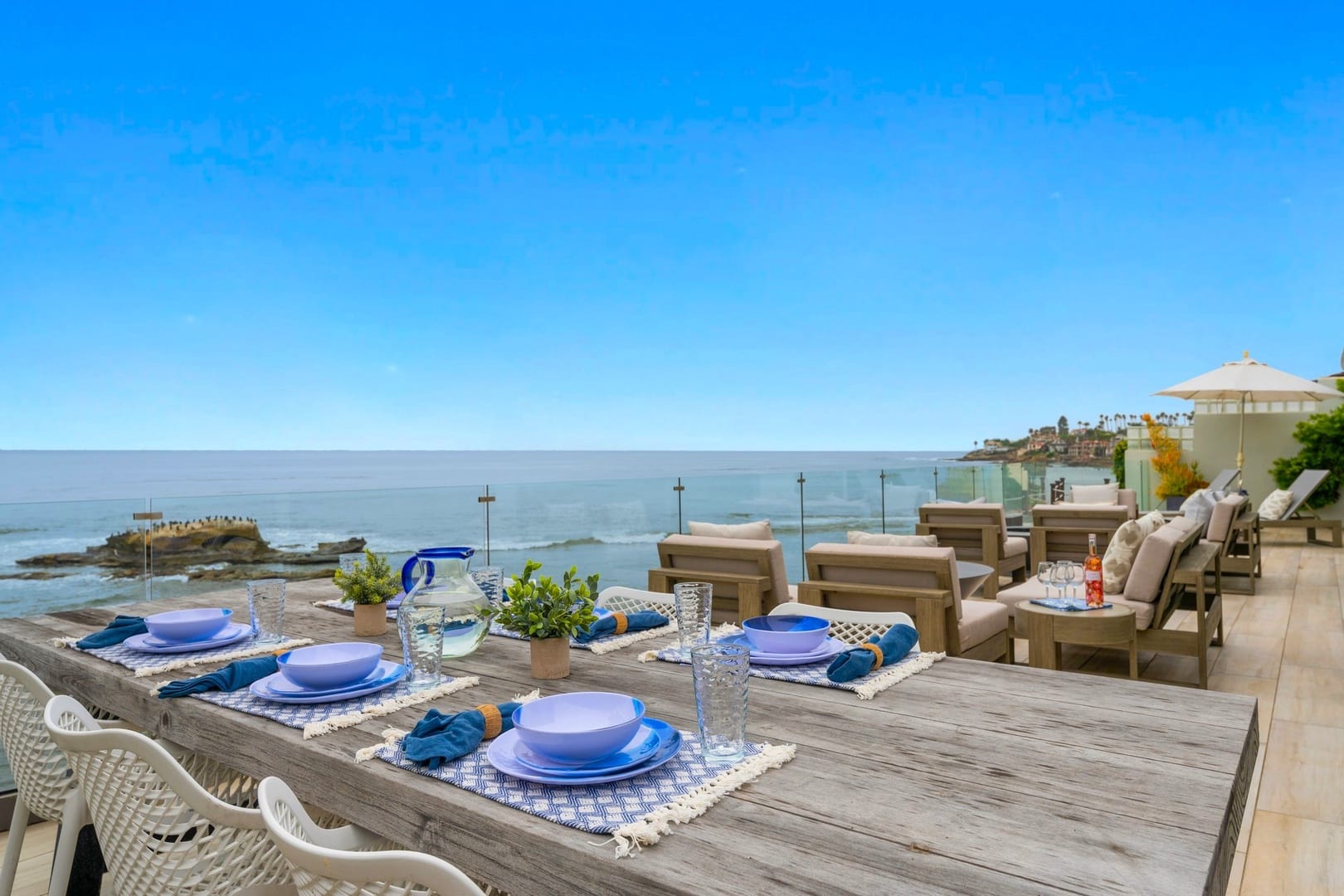 Oceanfront outdoor dining set-up.