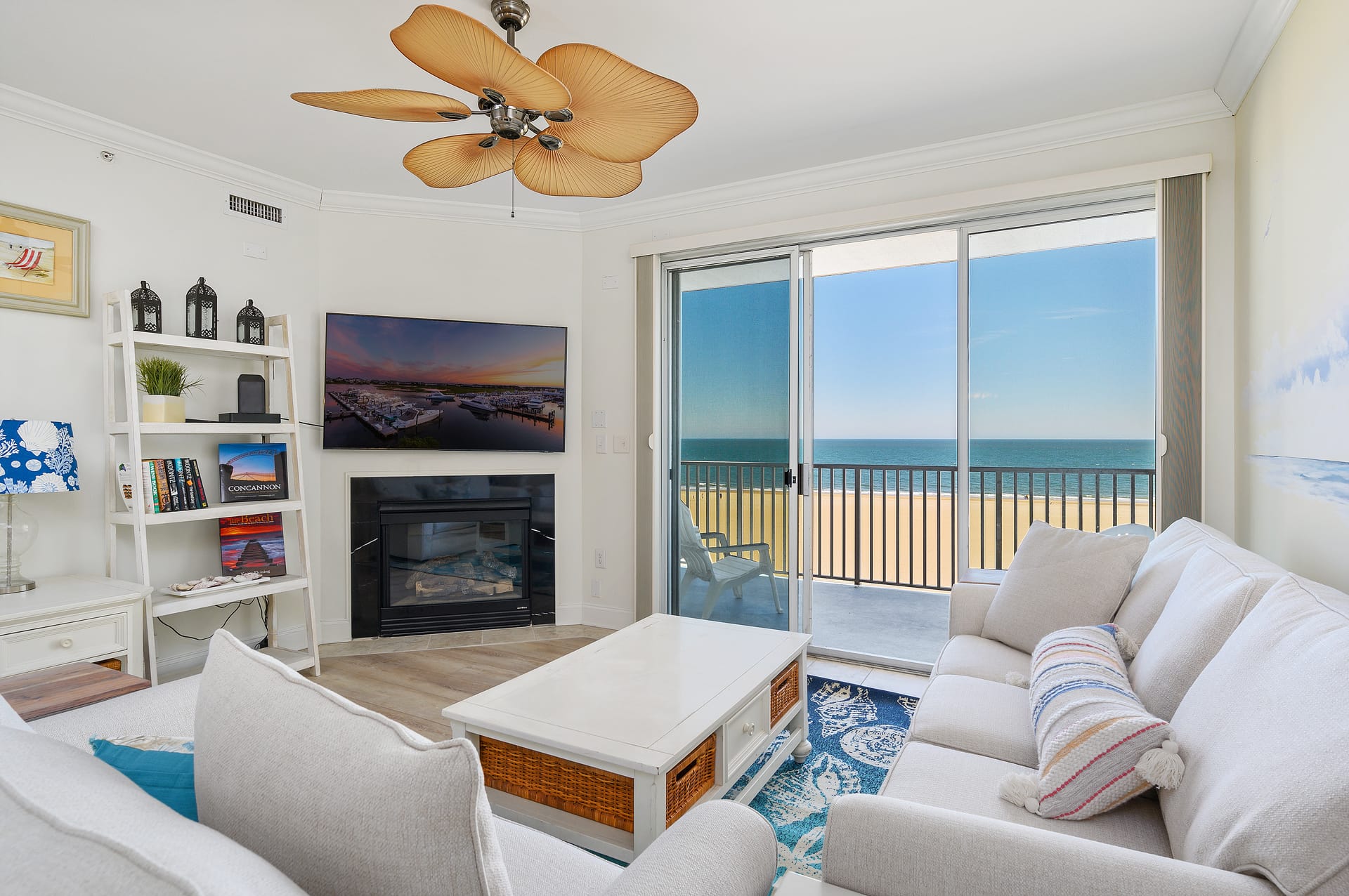 Cozy beachfront living room, ocean view.