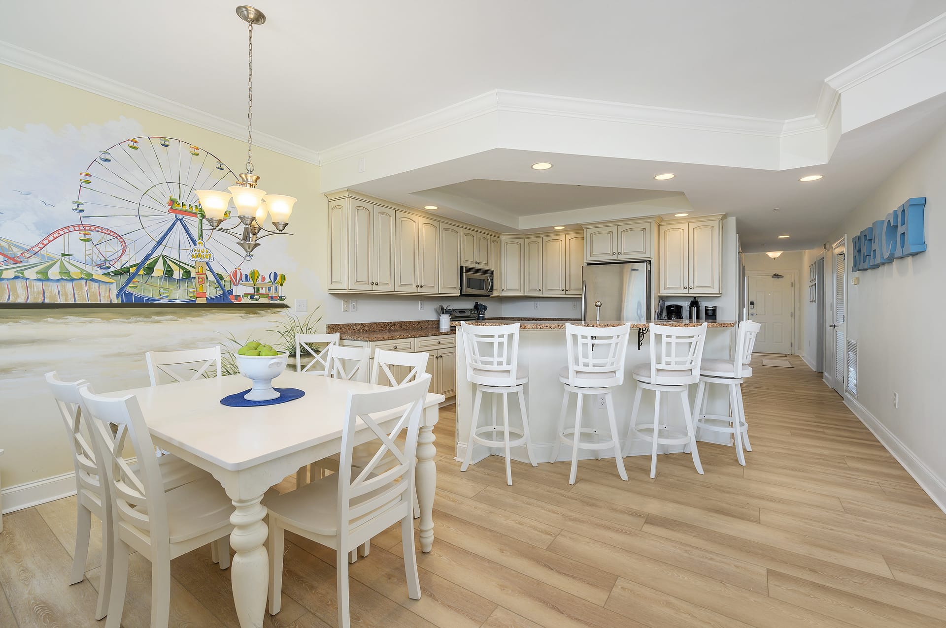 Modern kitchen with dining area.