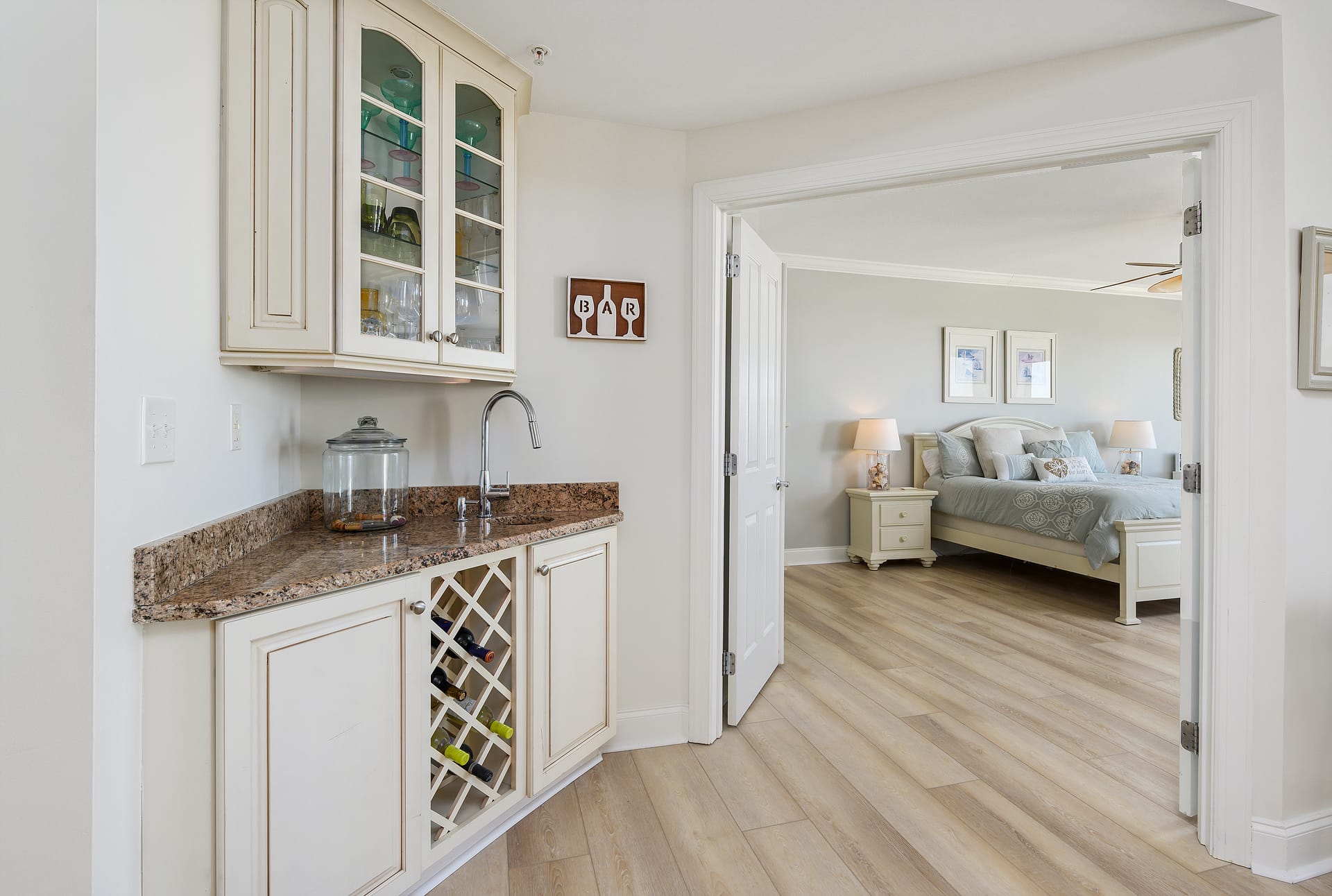 Bar area leading to bedroom.