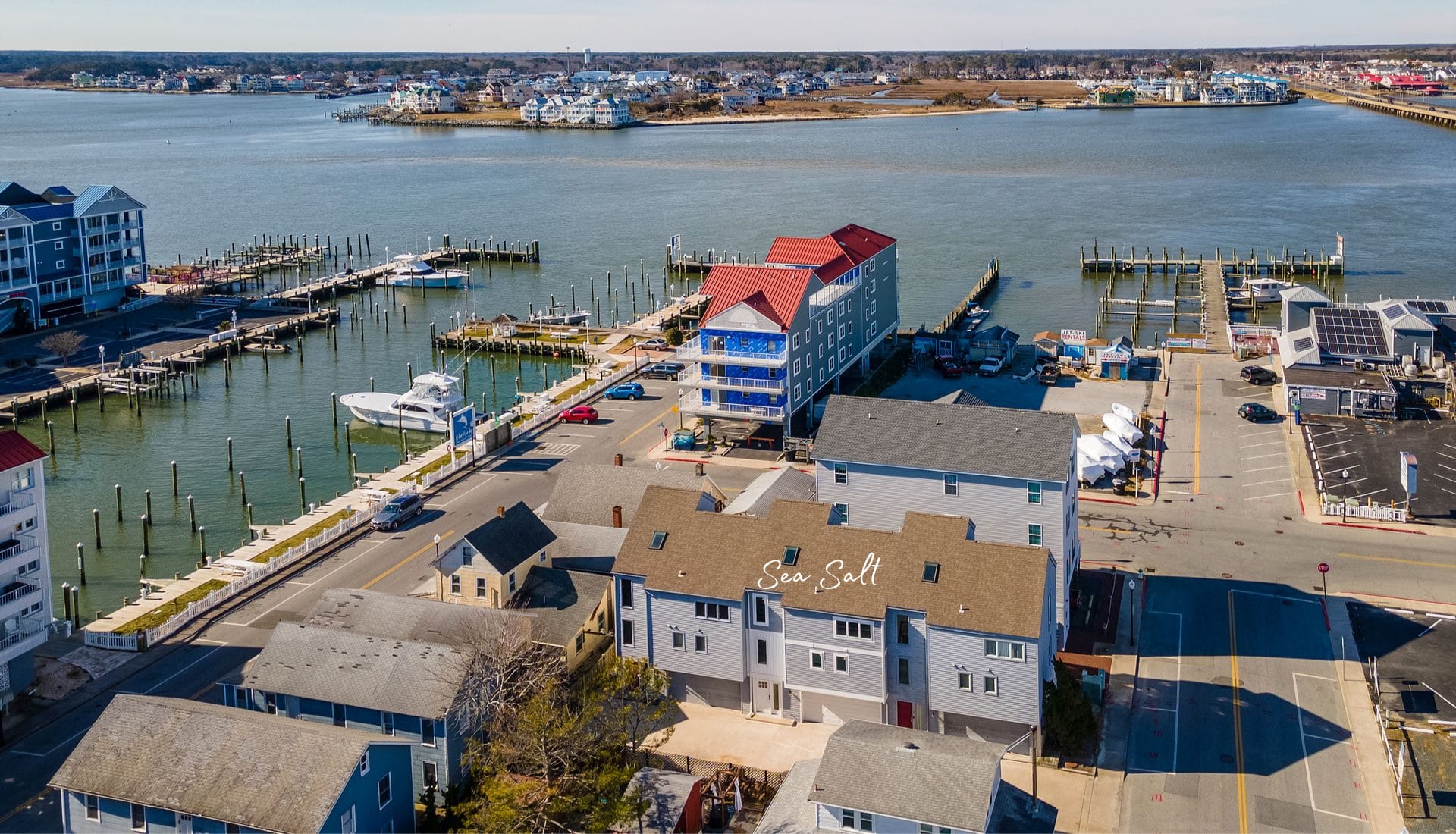 Aerial view of coastal town.