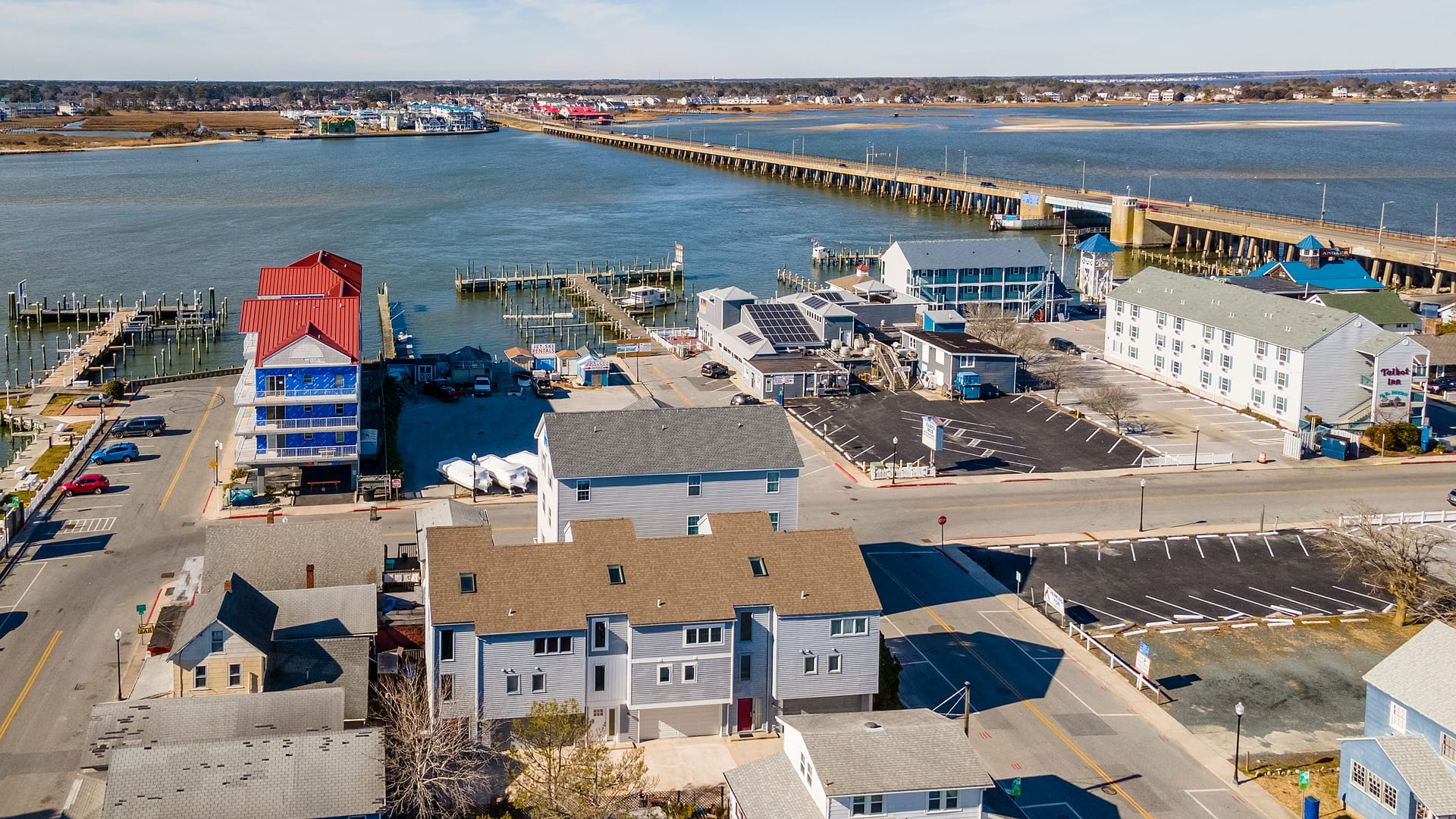 Aerial view of coastal town.