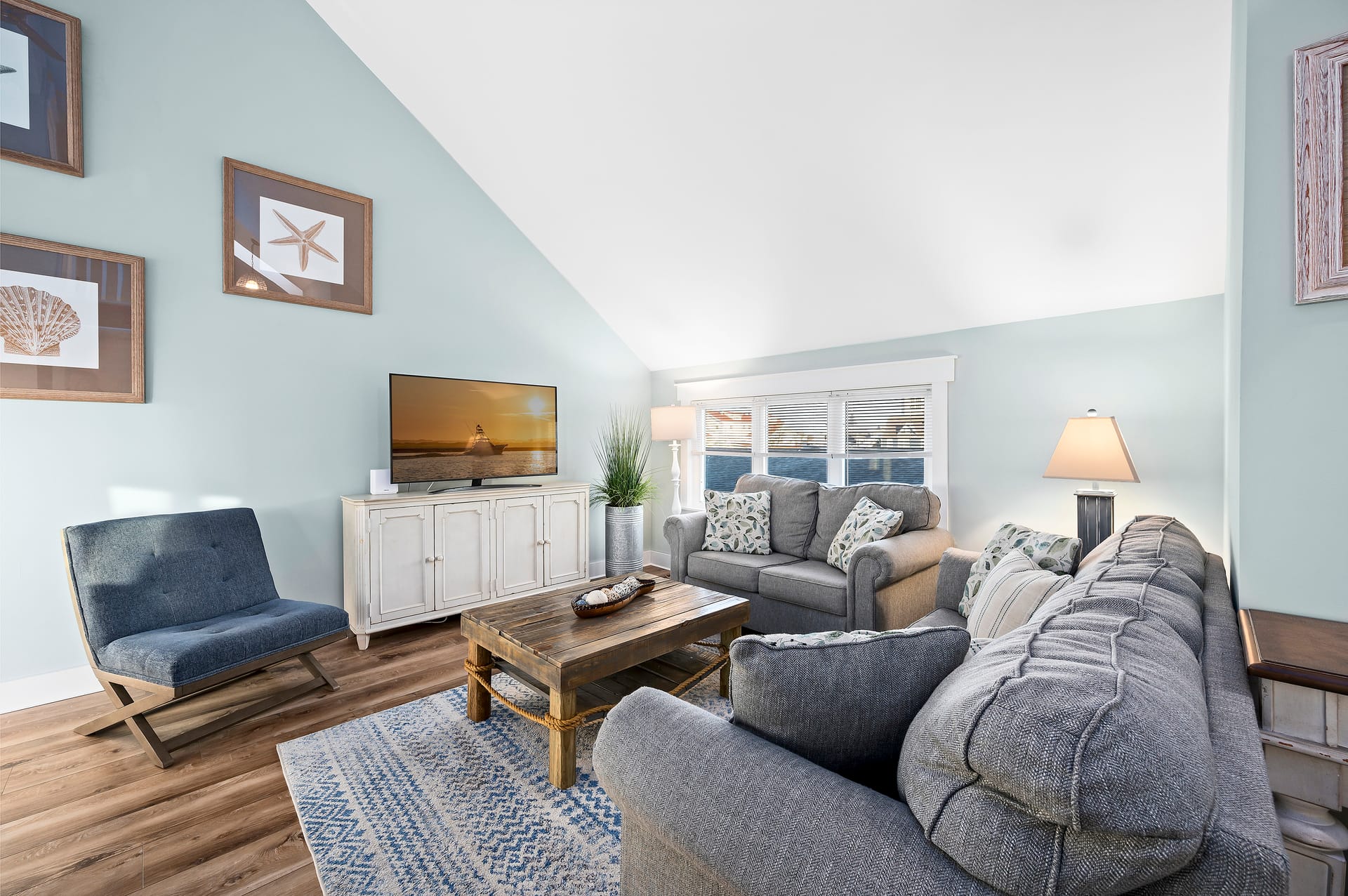 Cozy living room with beach decor.