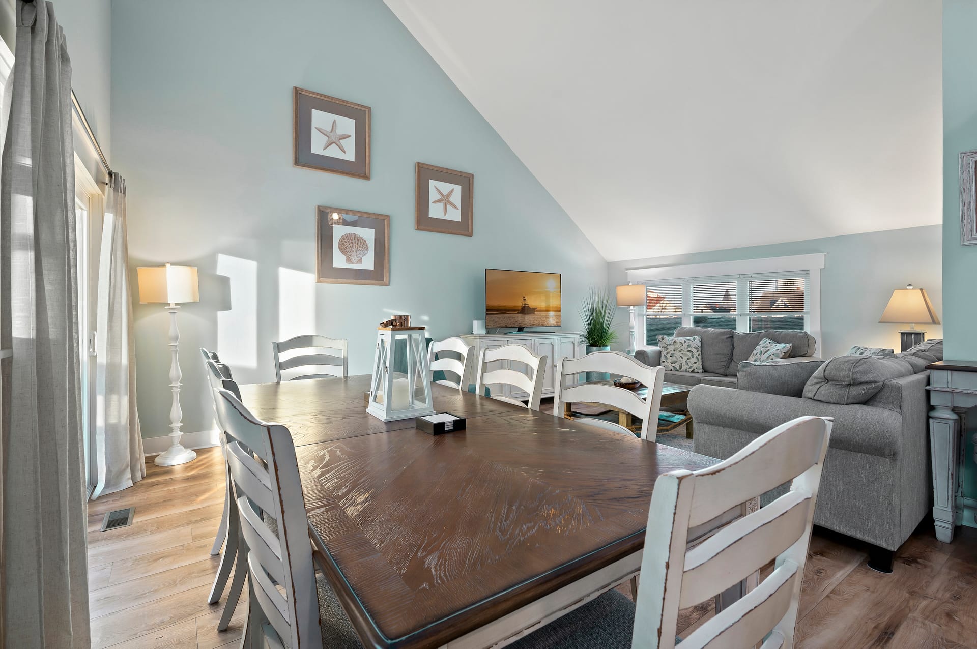 Cozy living-dining room, coastal decor.