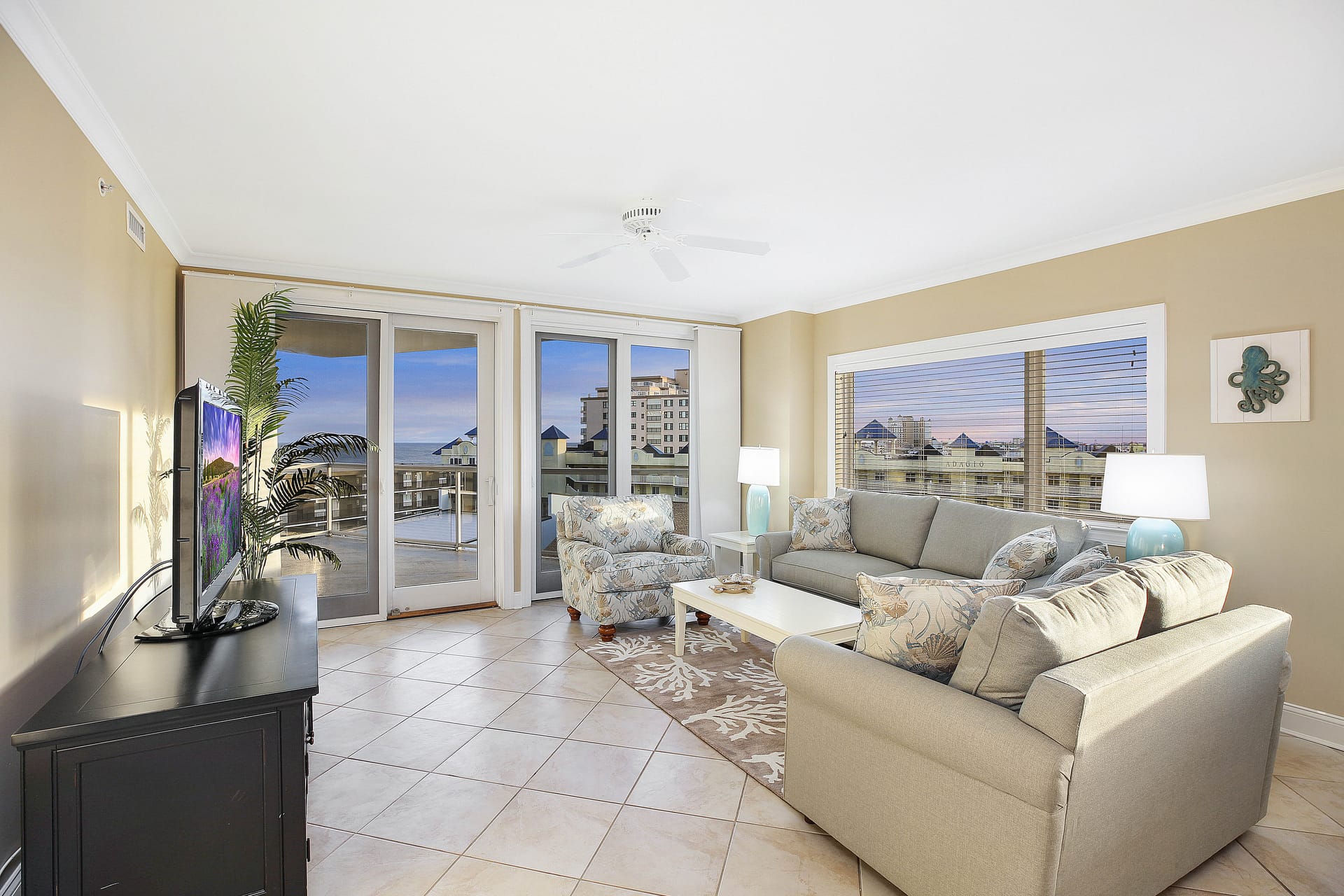 Bright living room with city view.