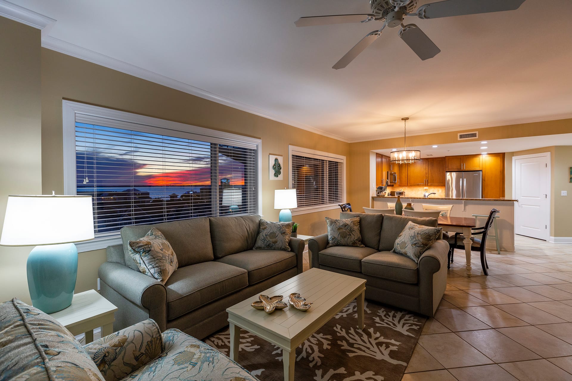 Cozy living room with sunset view.