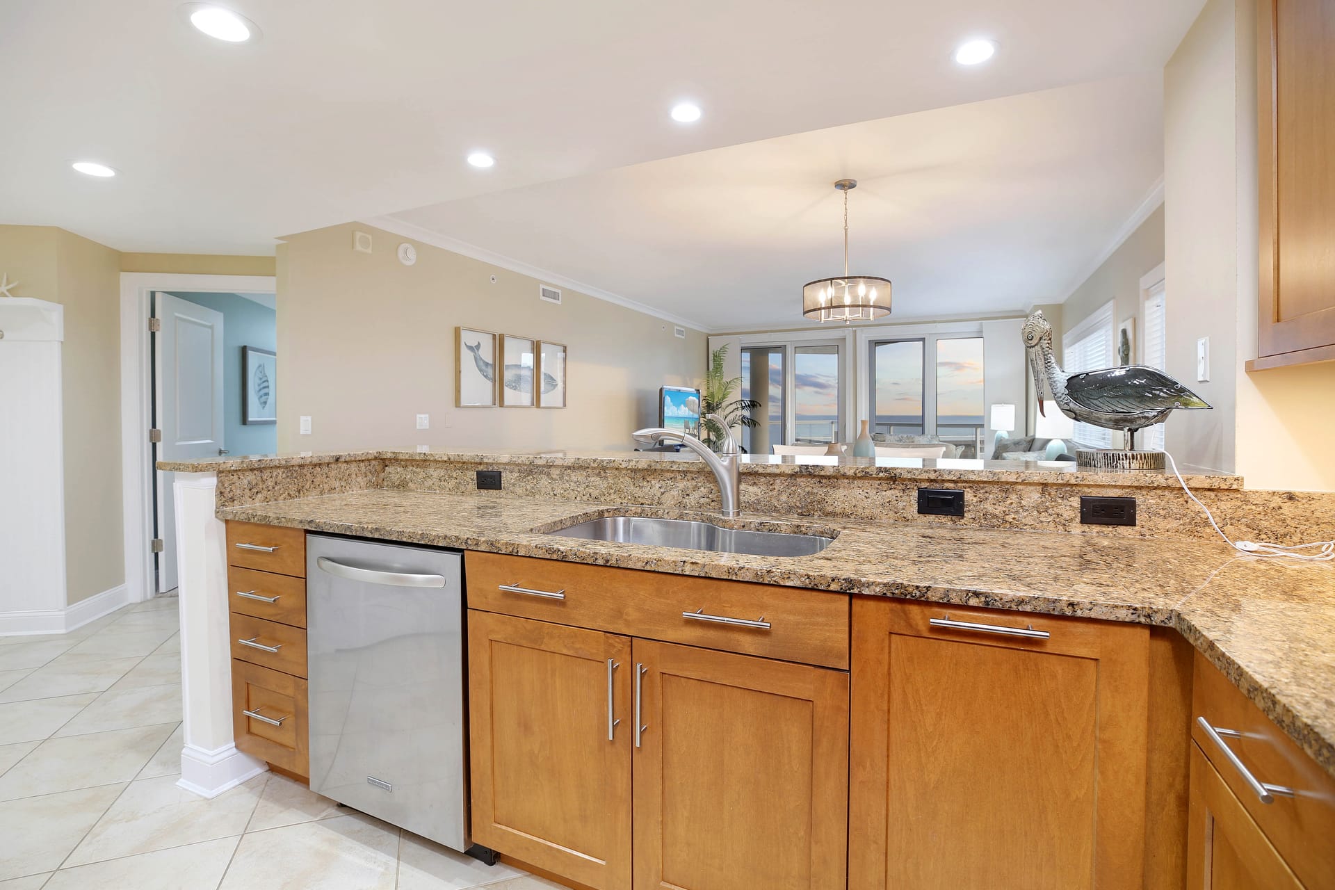 Modern kitchen with ocean view.