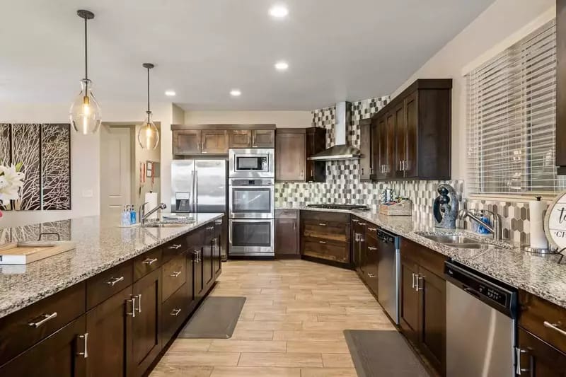 Modern kitchen with wooden cabinets.