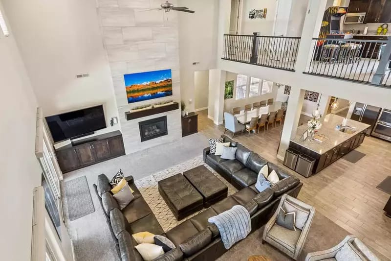 Spacious living area with kitchen.