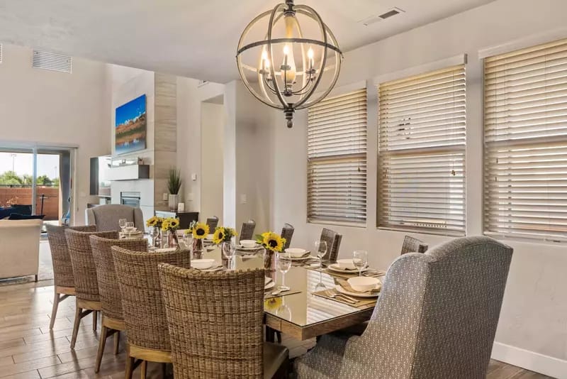 Elegant dining room with chandelier.