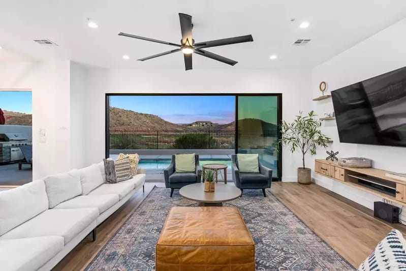 Modern living room with mountain view.