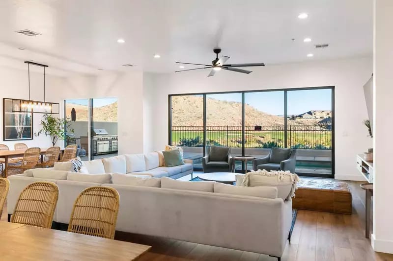 Modern living room with mountain view.