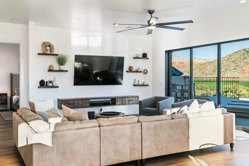 Modern living room with mountain view.