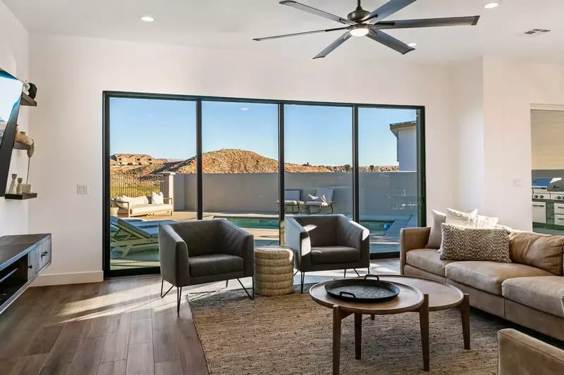 Modern living room with large windows