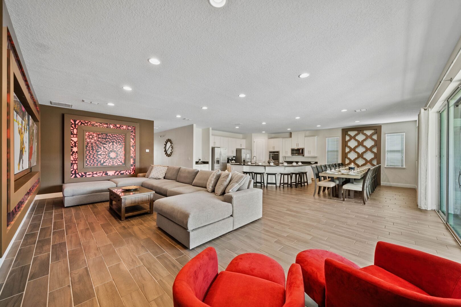 Spacious living room and kitchen area.