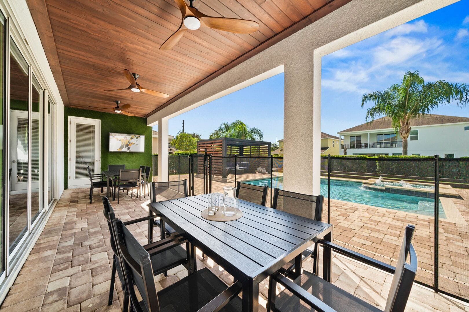 Outdoor patio with dining tables.