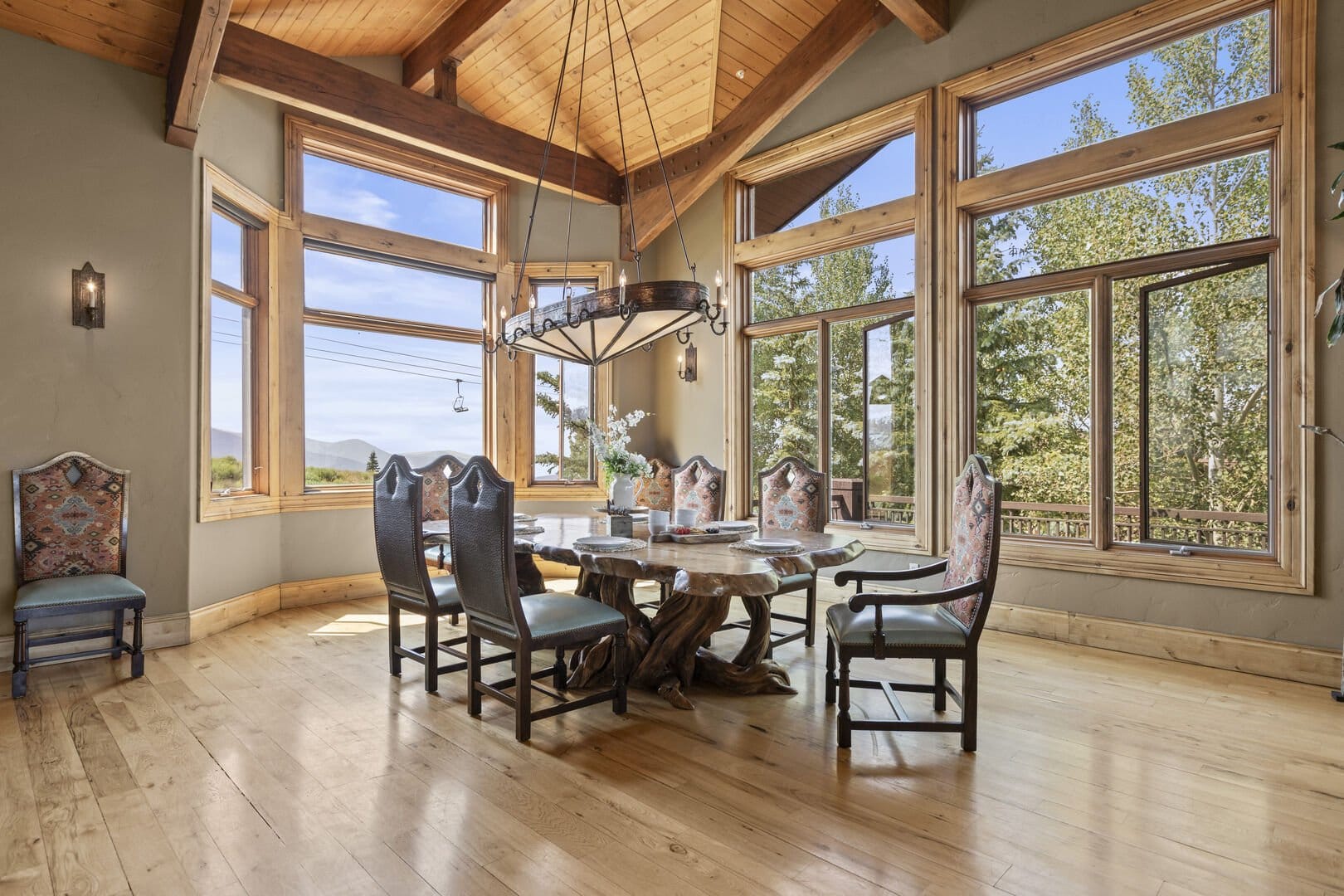 Dining room with large windows.