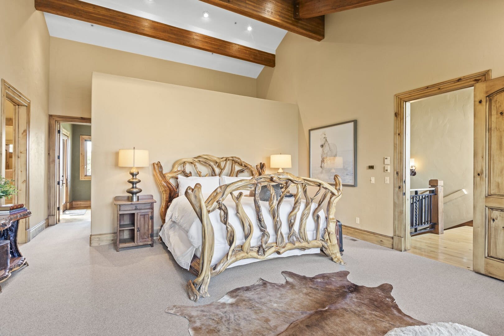 Rustic bedroom with wooden bed.