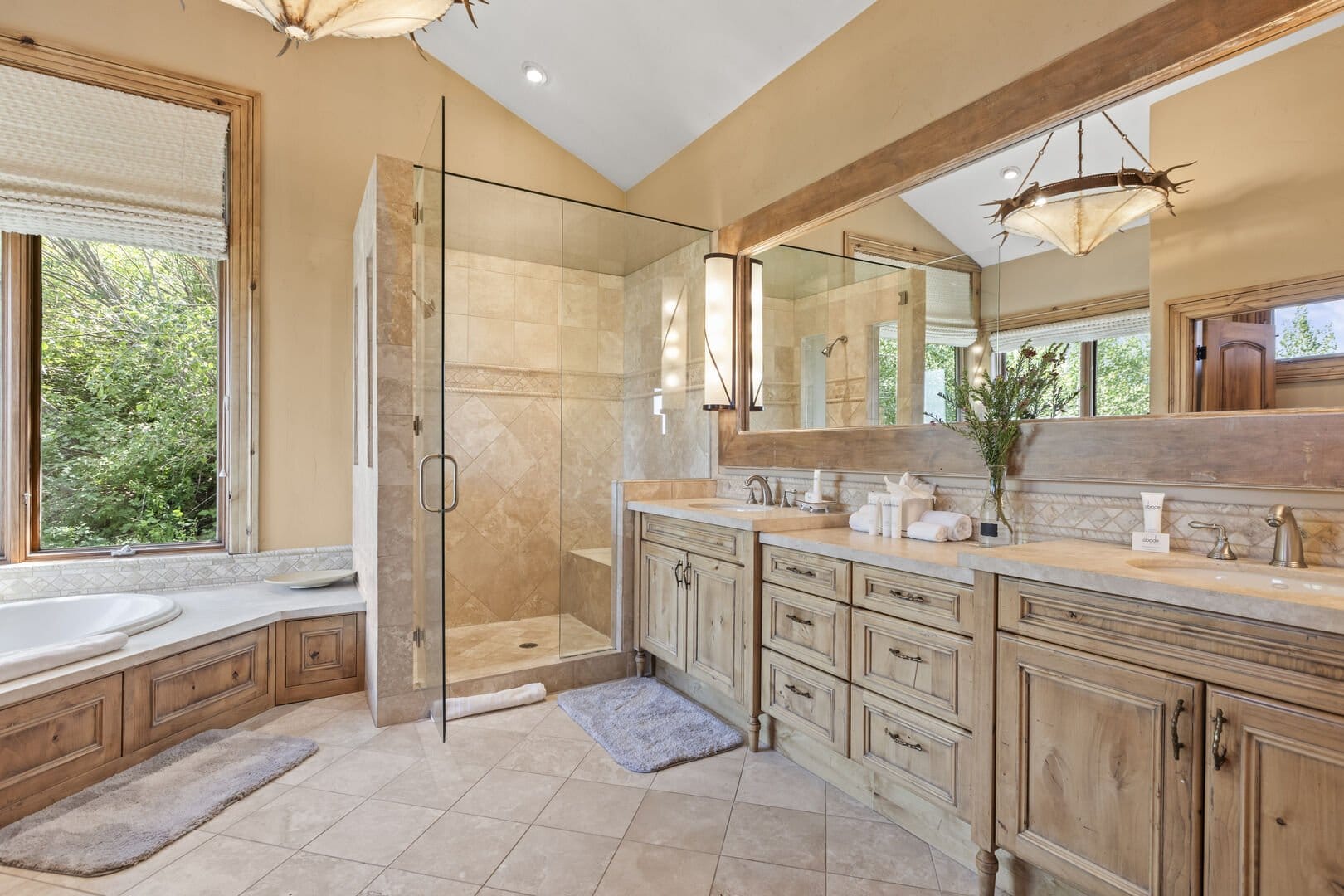 Spacious bathroom with shower area.