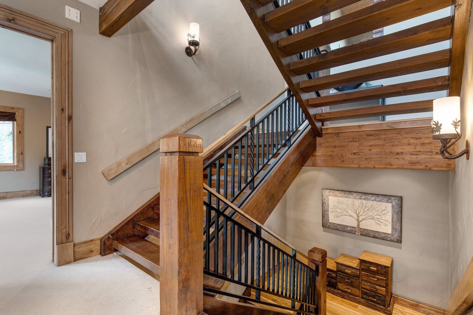 Wooden staircase in a cozy home.