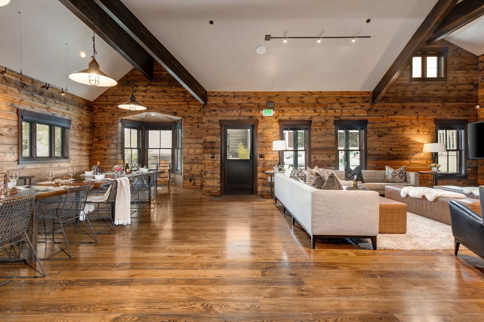 Cozy wooden living and dining area.