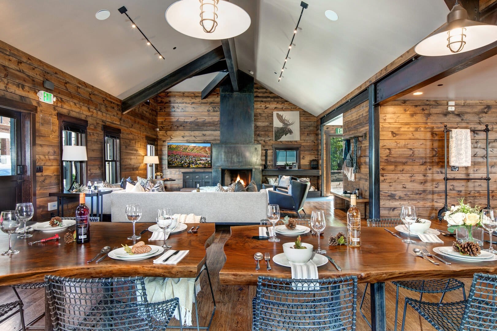 Cozy rustic dining and living area.