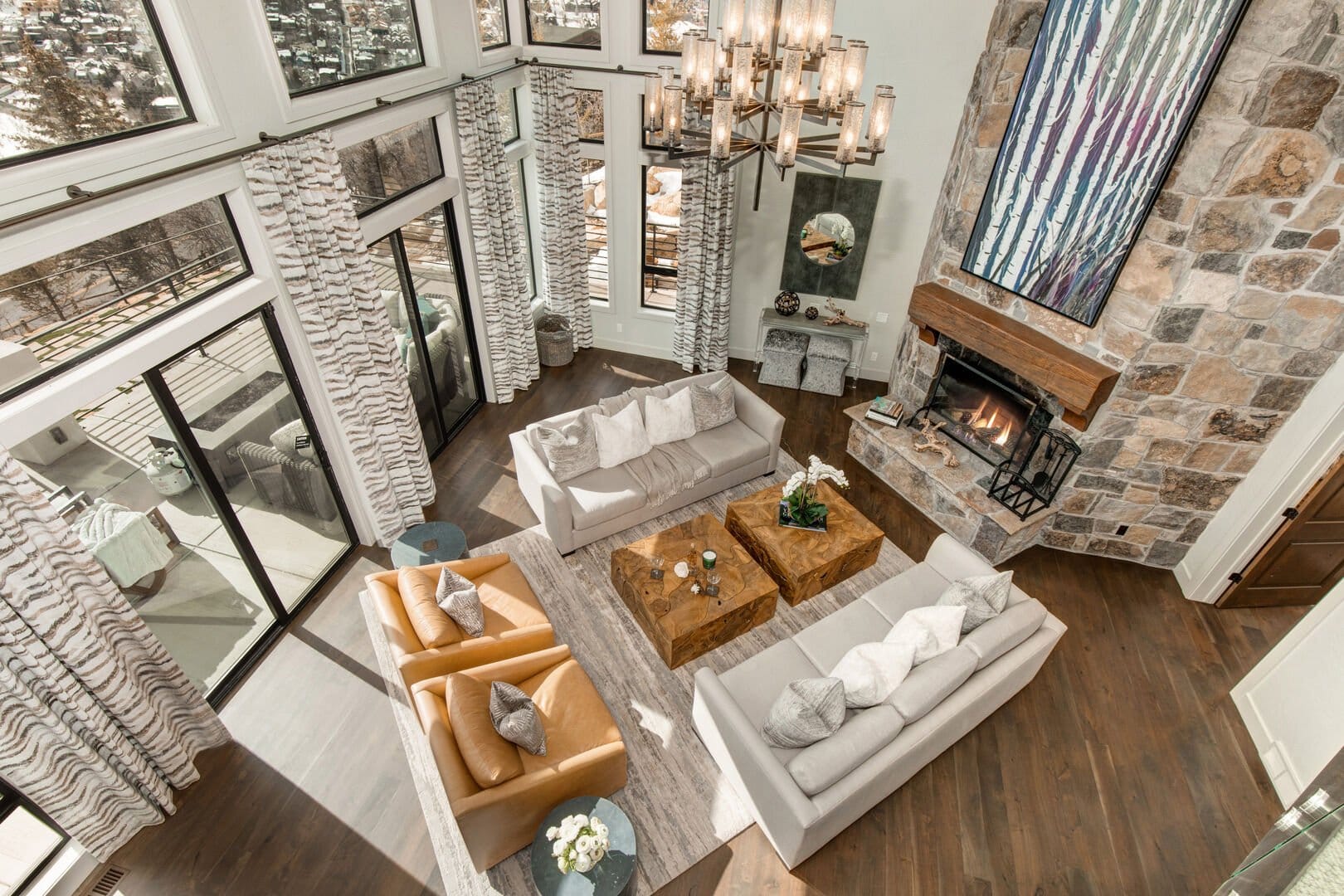 Spacious living room with fireplace.