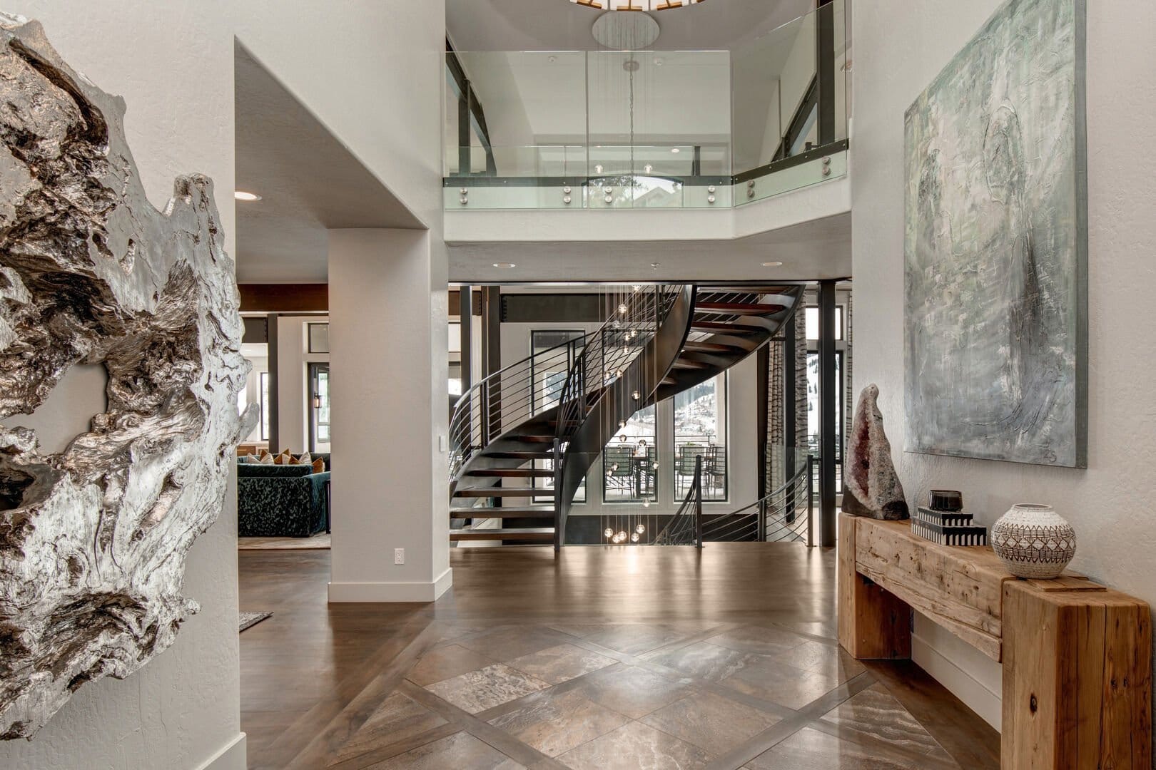 Modern hallway with spiral staircase.