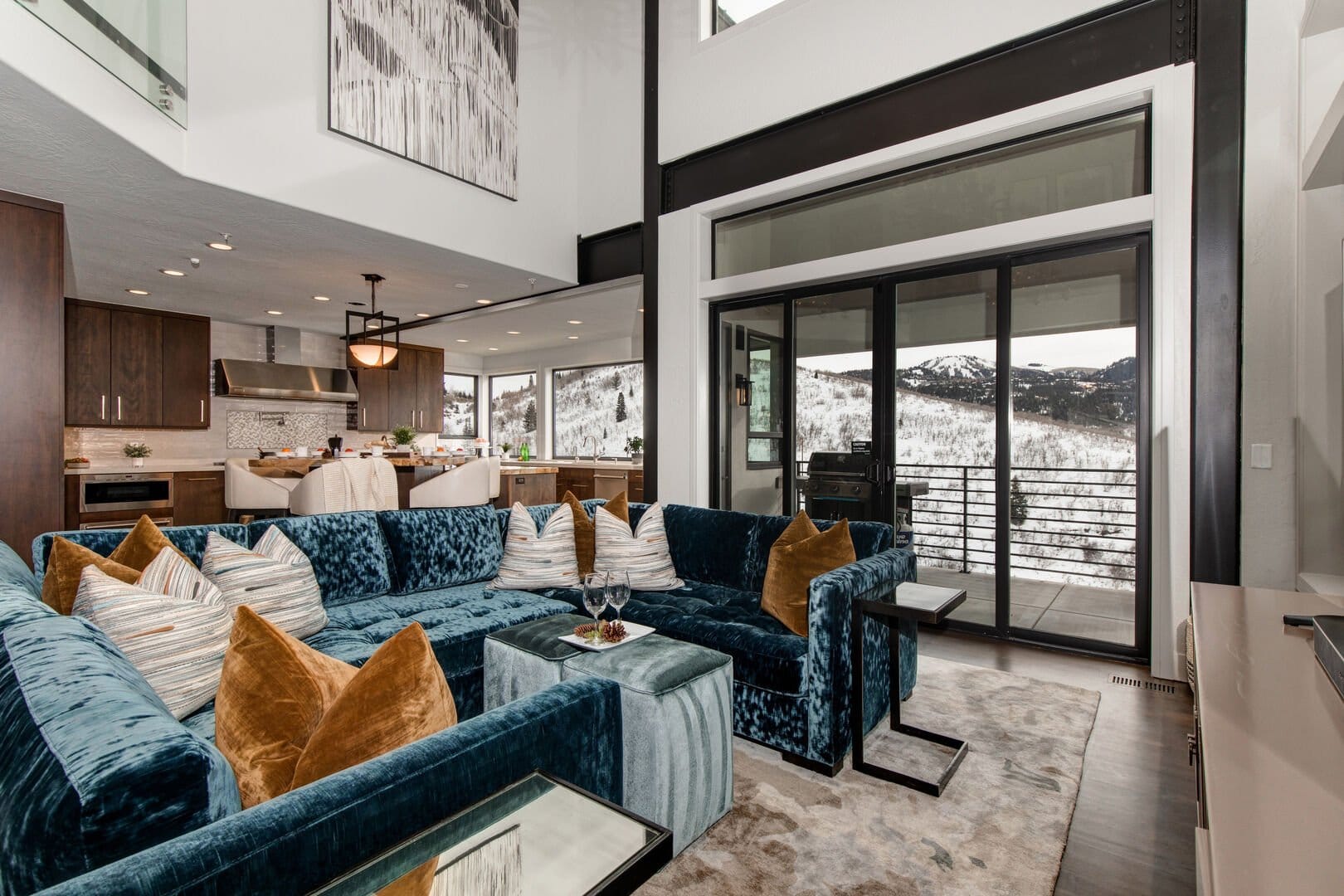 Modern living room with mountain view.