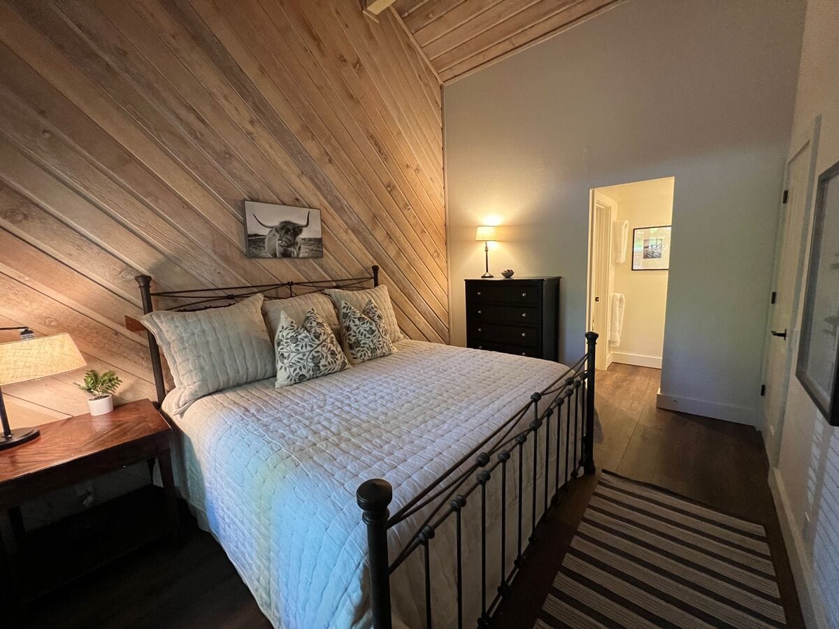 Cozy bedroom with wooden accents.