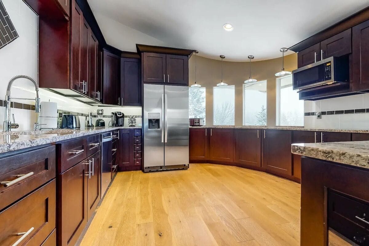 Modern kitchen with wooden cabinets.