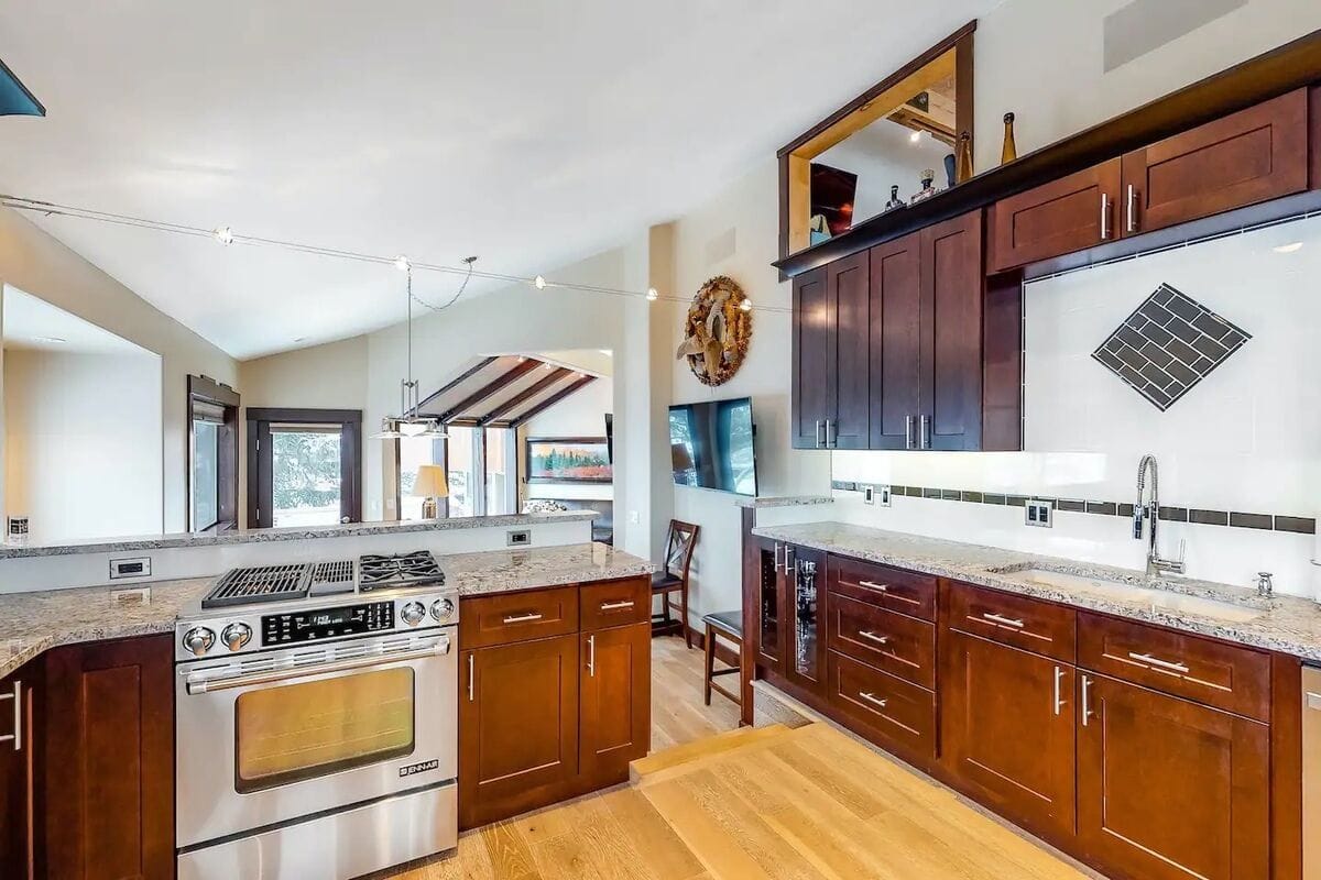 Modern kitchen with wood cabinets.