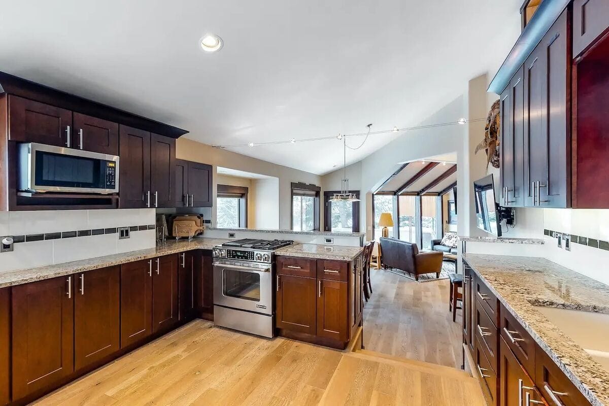 Modern kitchen with wooden cabinets.