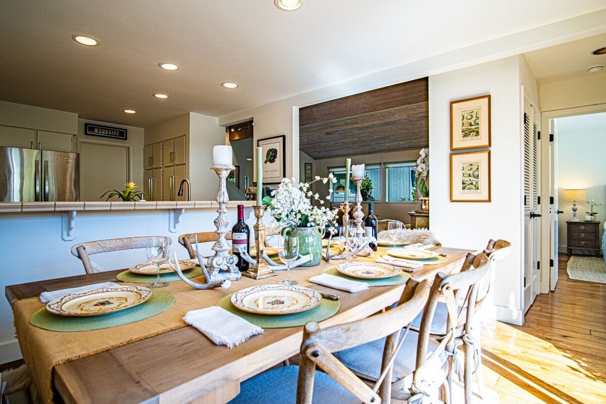 Elegant dining room with table setting.