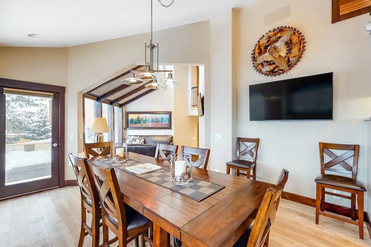 Dining room with wooden furniture.