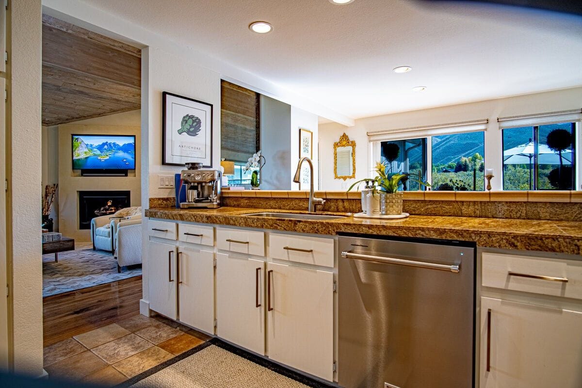 Bright kitchen with mountain view.