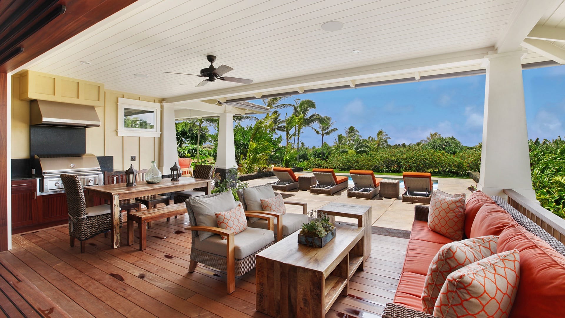 Outdoor patio with seating area.