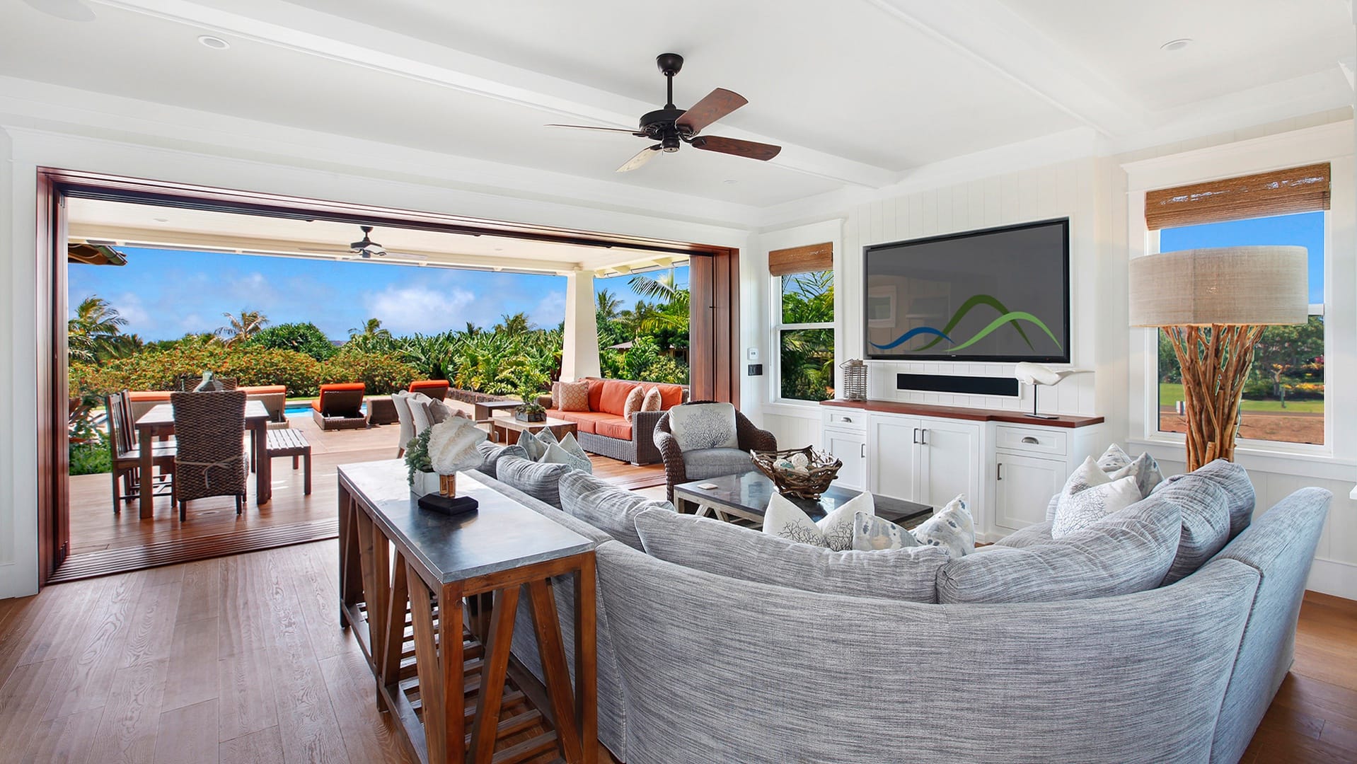 Spacious living room with outdoor view.