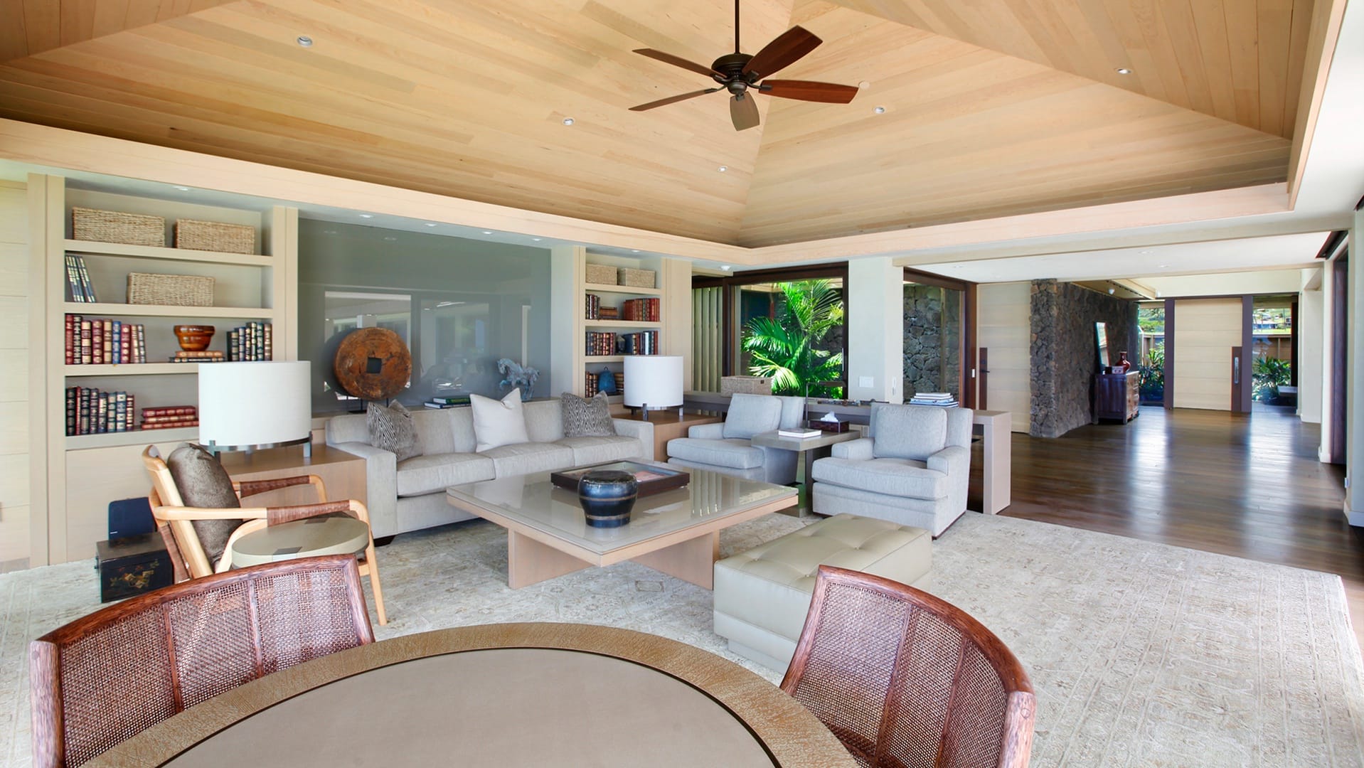 Spacious modern living room interior.