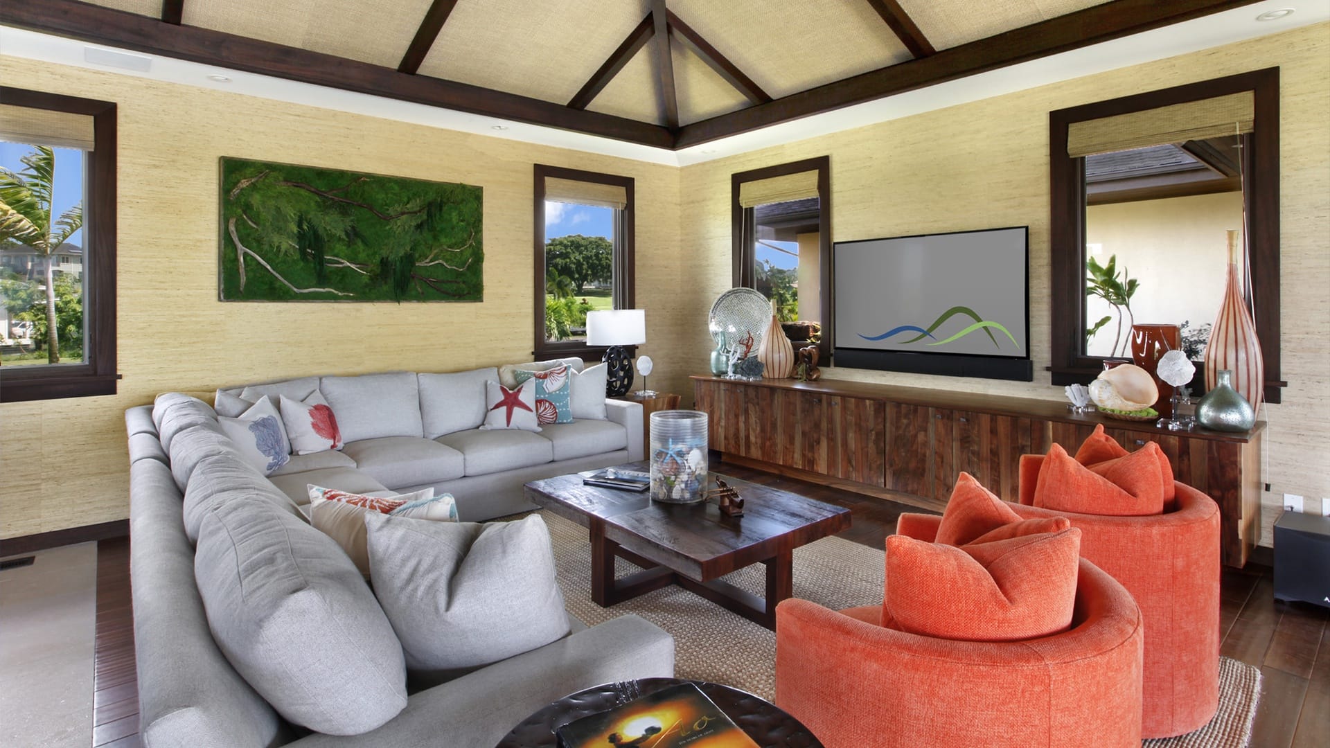 Modern living room with eclectic decor.