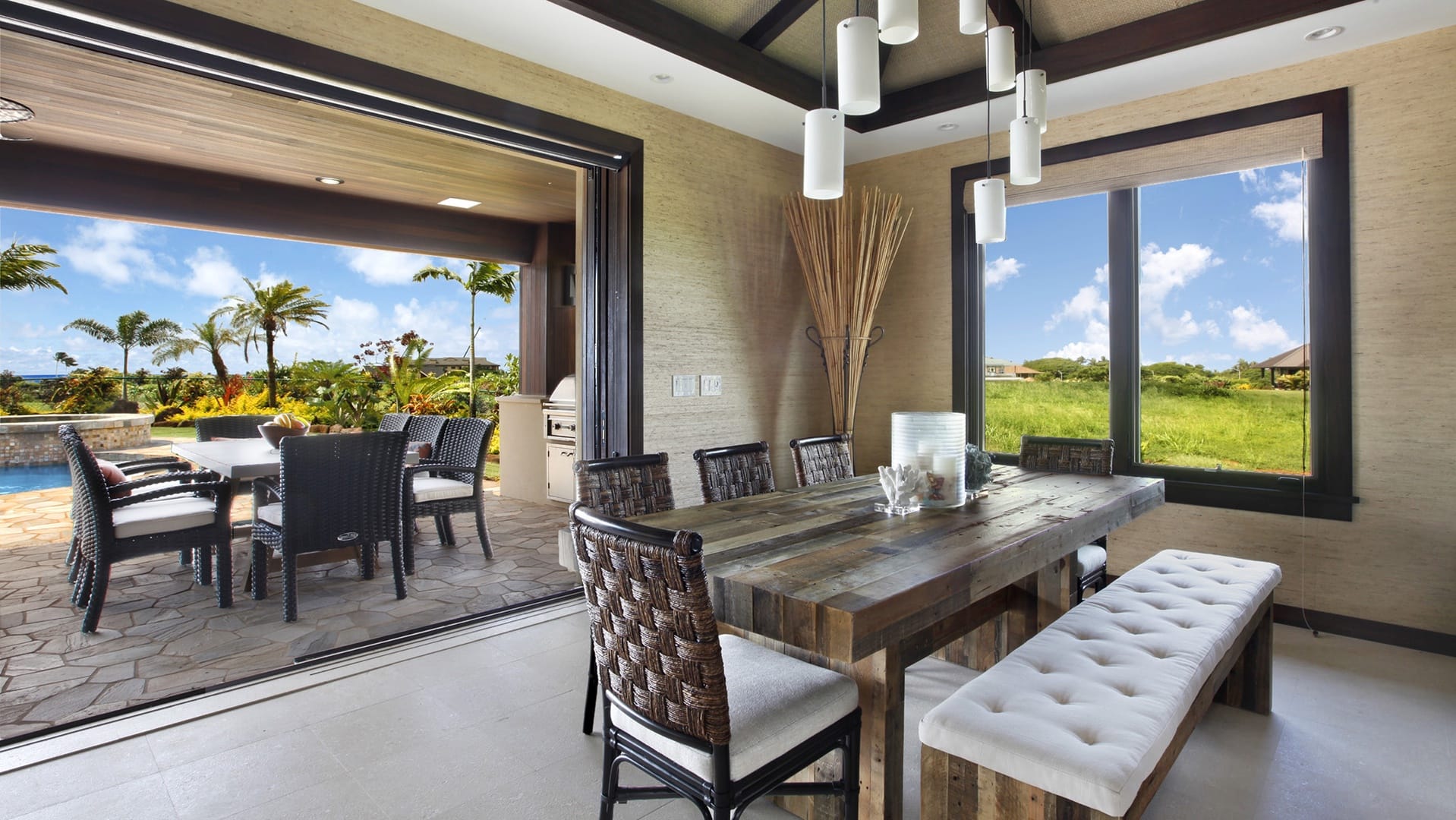 Dining room with outdoor view.