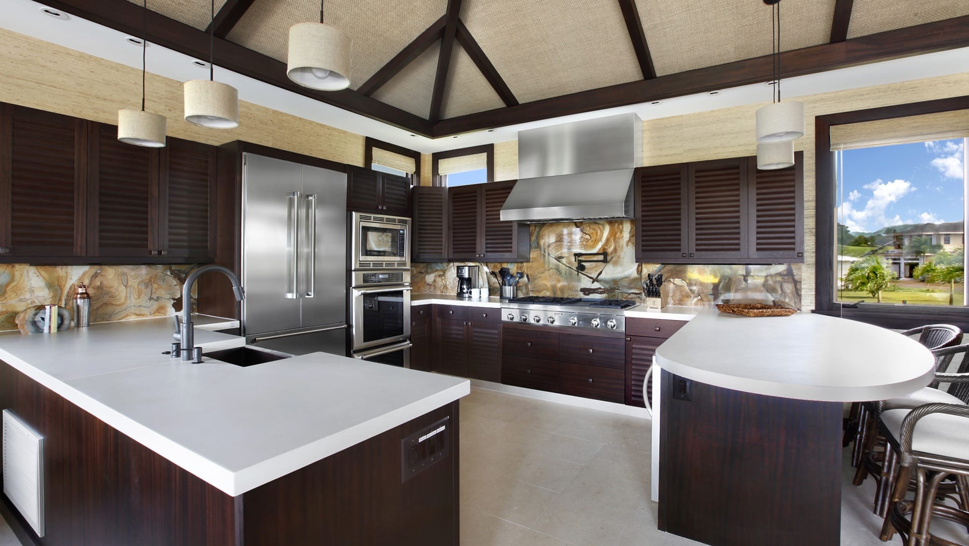 Modern kitchen with dark wood cabinets.