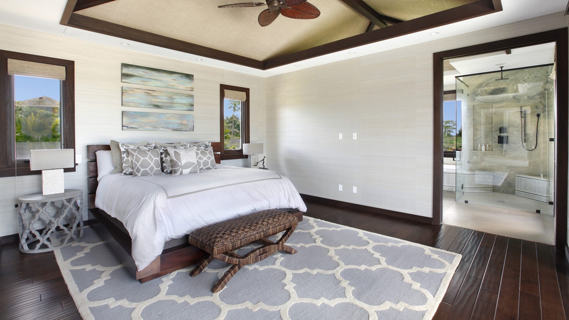 Modern bedroom with ensuite bathroom.