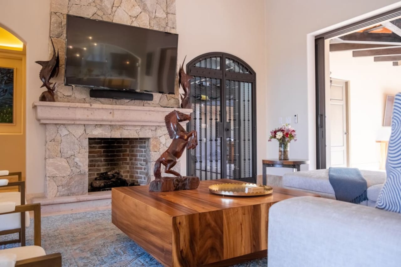 Living room with fireplace decor.